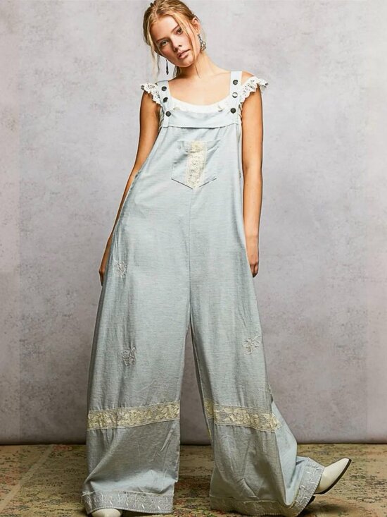 POL Pants - Pol Lace Trim Vintage Washing 100%Cotton Overalls Wide-Leg Sky Blue S M L Relaxe